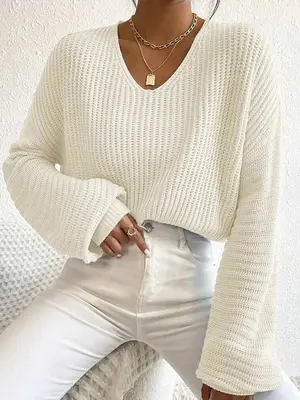 Women's Solid Hollow Out Drop Shoulder Sweater, Casual Long Sleeve V Neck Jumper for Daily Outdoor Wear, Women Knit Top for F...