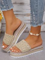 Women's Boho Style Plain Color Slip on Woven Wedge Sandals, Casual Comfortable Wedge Sandals, Fashionable Sandals for Summer ...