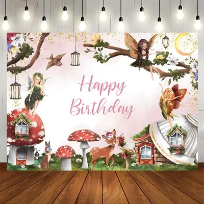 Cartoon Fairy Deer Floral Birthday Backdrop For Girl - Aperturee