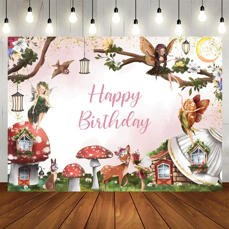 Cartoon Fairy Deer Floral Birthday Backdrop For Girl - Aperturee