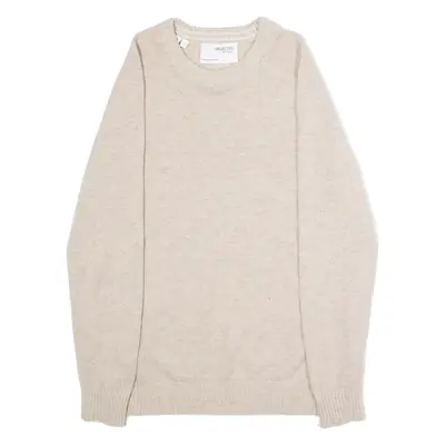 SELECTED HOMME Mens Jumper Beige Crew Neck Tight Knit Wool S