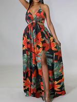 Women's Floral Print Chain Decor Split Thigh Tie Back Cami Dress, Elegant Bohemian Casual Ring Linked Halter Backless Maxi Dr...