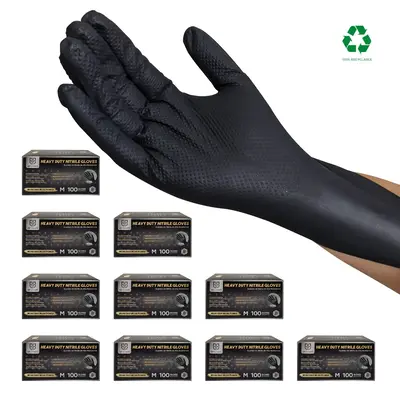 Heavy-duty black nitrile disposable gloves 8 mil diamond-textured grip for industrial, food applications, latex and powder fr...
