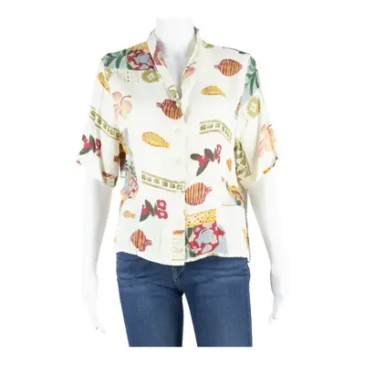 Womens Printed Blouse Beige V-Neck Crazy Pattern UK 14