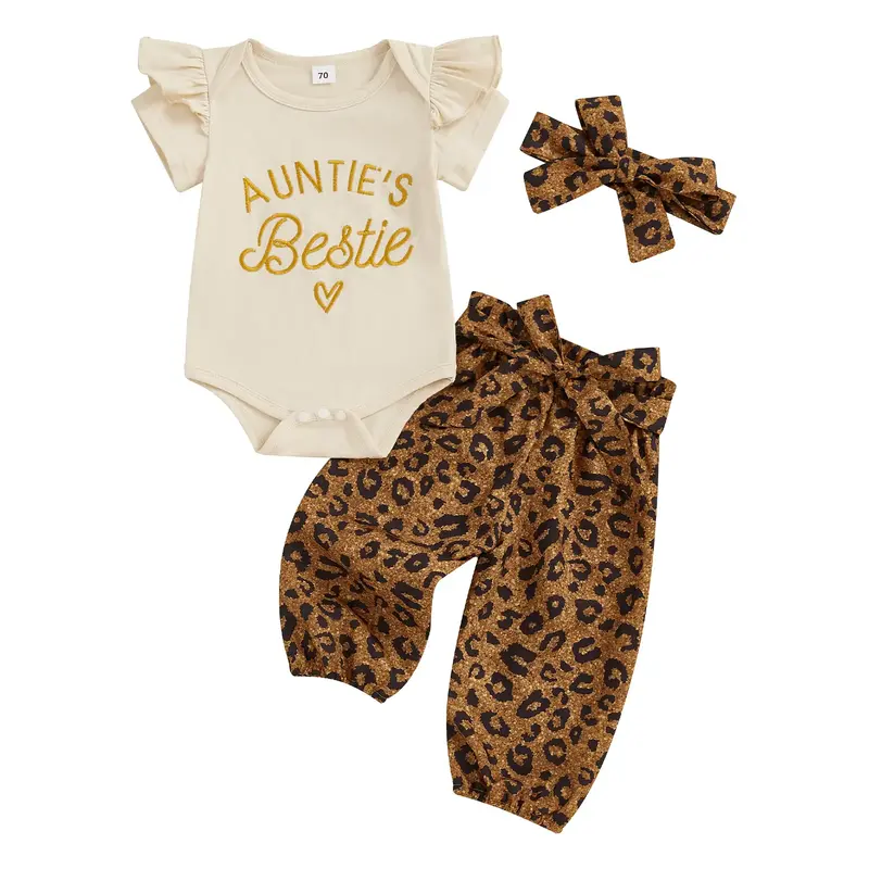 Baby Girls Summer Clothes Infant Auntie's Bestie Onesie Pants Set Short Sleeve Letter Print Romper Leopard Pants Matching Clo...