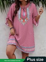 【plus Size】 Ethnic Pattern Tie Front Tunic Dress, Boho Casual Elegant 3/4 Sleeve Round Neck Dress for Spring & Fall, Wome...