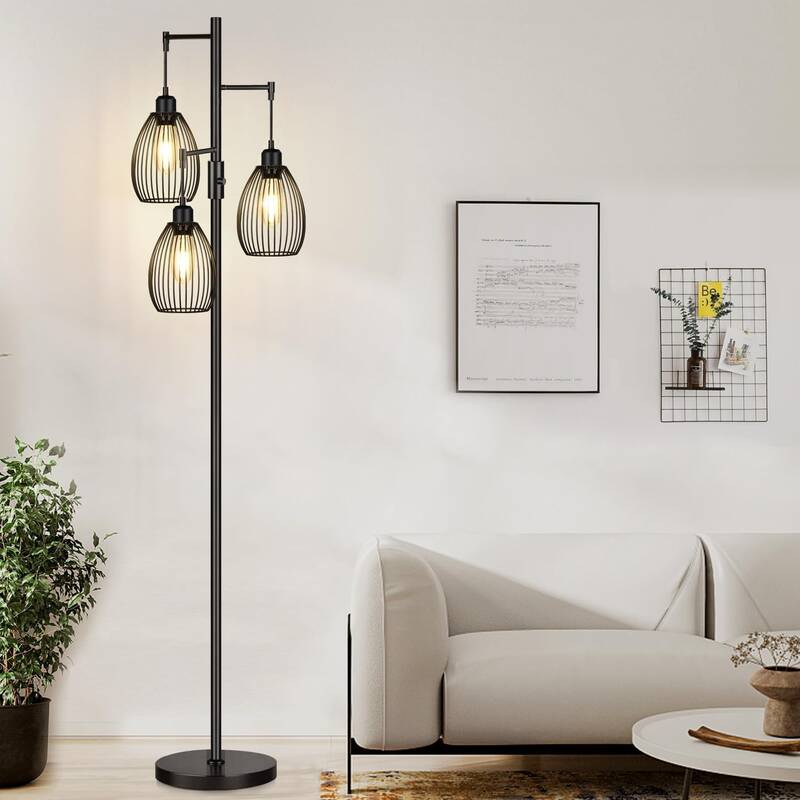 Dimmable Floor Lamp, 3 x 800LM LED Edison Bulbs Included,Home Decor, Farmhouse Industrial Floor Lamp Standing Tree Lamp