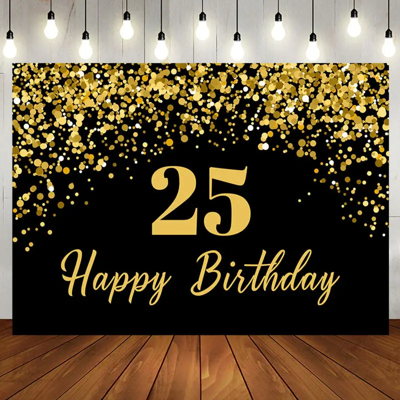 Aperturee Simple Black Gold Dots Happy 25th Birthday Backdrop - Aperturee
