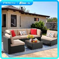 Walsunny 6 Piece Patio Furniture Sets, All Weather PE Wicker Rattan Outdoor Sectional Sofa Conversation Couch with Glass Tabl...