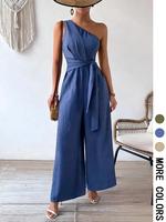 Women's Solid Color Wide Leg Jumpsuit, Regular Fit Casual Modest Modern One Shoulder Jumpsuit for Summer, Women's Jumpsuit fo...