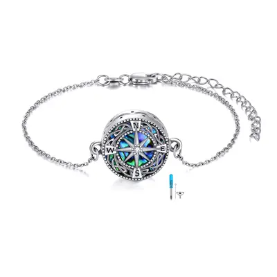 Sterling Silver Abalone Shellfish Celtic Knot & Compass Urn Bracelet for Ashes with Engraved Word