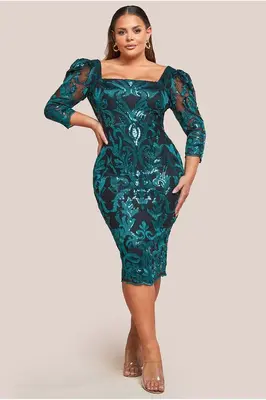 Goddiva Plus Square Neck Scalloped Embroidered Sequin Midi Dress - Emerald Green
