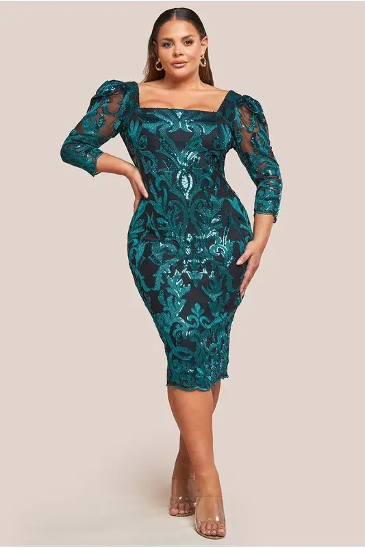 Goddiva Plus Square Neck Scalloped Embroidered Sequin Midi Dress - Emerald Green