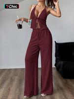 Textured Pleated Halter Neck Top and Loose Wide Leg Pants Set, Sleeveless