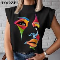 UOOZEE-LIVE women's summer comfortable casual cap sleeve loose 3D human face print high collar T-shirt top daily casual comfo...