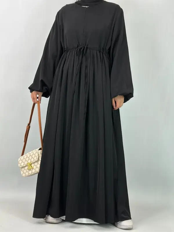 Women's Solid Color Belted Arabian Dress, Elegant Modest Long Sleeve Round Neck Dress for Daily Wear, Ladies Islamic Clothing...