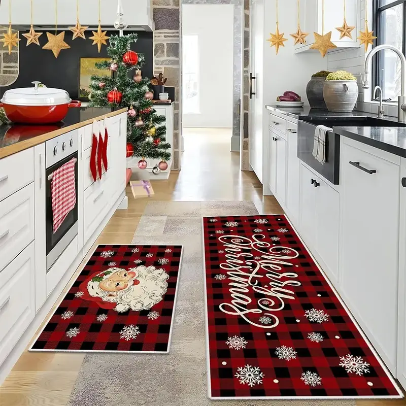 2 Counts Christmas Tree Pattern Kitchen Mats Set, Non-Slip Soft Low Height Rugs, Winter Home Decor, Holiday Cooking & Celebra...