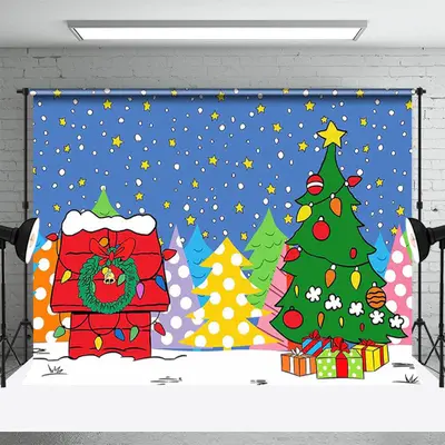 Cartoon Xmas Trees Star Red House Christmas Backdrop - Aperturee