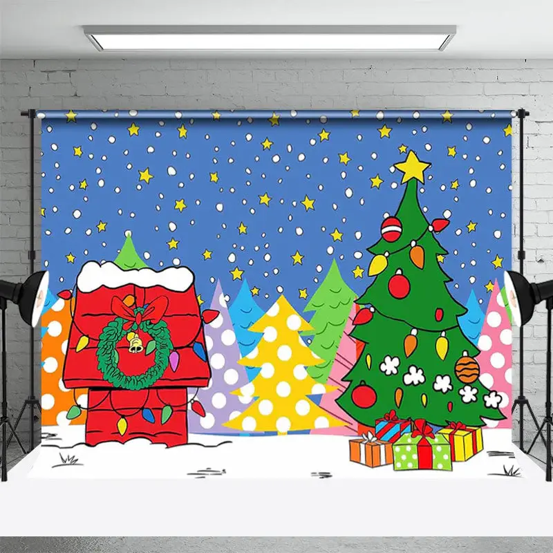 Cartoon Xmas Trees Star Red House Christmas Backdrop - Aperturee