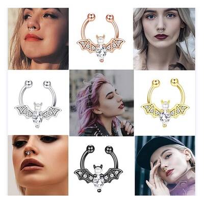 316L Stainless Steel Clear Cubic Zirconia Halloween Bat Clip-on Nose Septum Rings