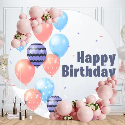 Aperturee Bright Ballons Round Happy Birthday Backdrop