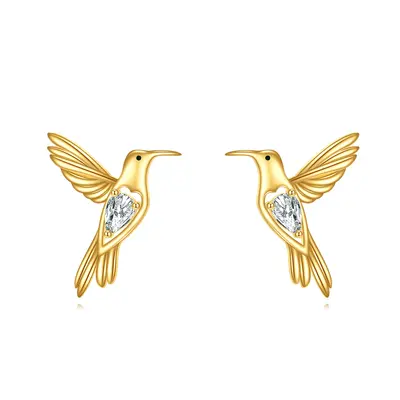 14K Gold Pear Shaped Cubic Zirconia Hummingbird Stud Earrings