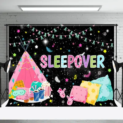 Black Tent Pillows Stars Sleepover Party Backdrop - Aperturee