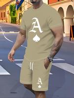 Men's Regular Fit Ace Print Short Sleeve Tee & Shorts Two-Piece Set, Casual Round Neck T-shirt & Shorts, Summer Clothes Set f...
