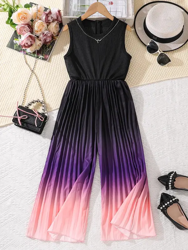Girl's Ombre Print Pleated Jumpsuit, Casual Sleeveless Round Neck Jumpsuit for Daily Wear, Kids Clothes for Fall & Winter