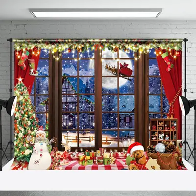 Aperturee Snowy Village Santa Window View Christmas Backdrop - Aperturee