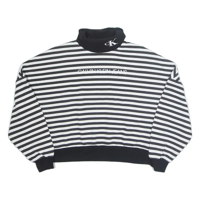 CALVIN KLEIN JEANS Cropped Striped Womens Sweatshirt Black High Neck XS