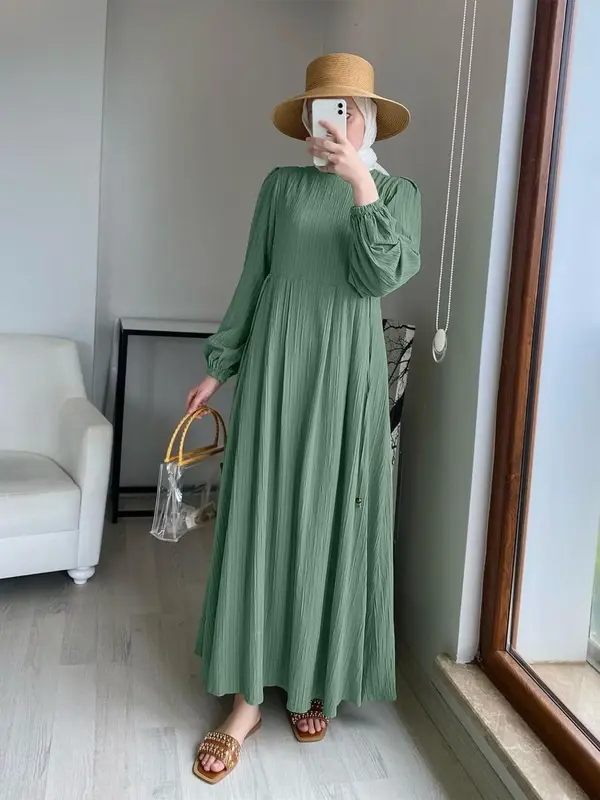 Arabic Clothing-Solid Bishop Sleeve Round Neck A Line Dress, Casual Long Sleeve Dress for Daily Outdoor Wear, Women's Islamic...