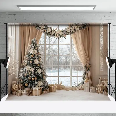 Cozy Indoor Curtain Window Wreath Christmas Backdrop - Aperturee