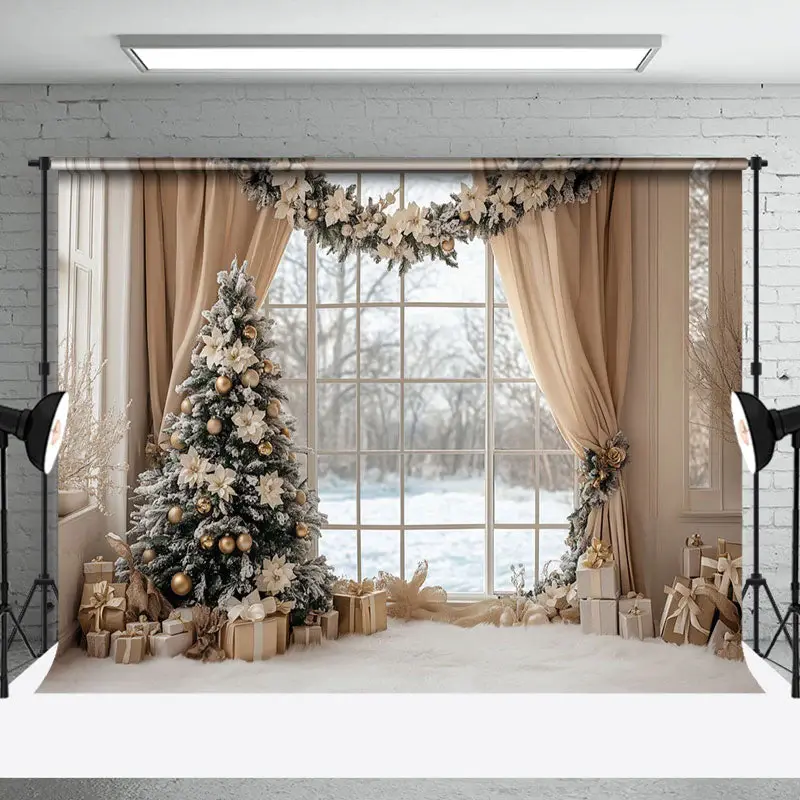 Cozy Indoor Curtain Window Wreath Christmas Backdrop - Aperturee