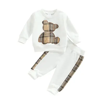 0-24M Newborn Baby Boys Girls Fall Outfits Long Sleeve Plaid Bear Pattern Sweatshirt Tops Pants Casual Clothes Set