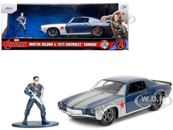 1973 Chevrolet Camaro Dark Blue Metallic with Gray Stripes and Winter Soldier Diecast Figure \