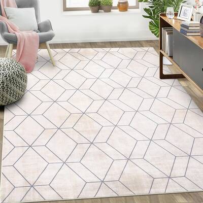 Garvee 8x10 Washable Living Room Rug, Non-Slip, Ultra Thin Low Pile, Faux Wool, Modern Geometric, Foldable, Beige, for Home O...