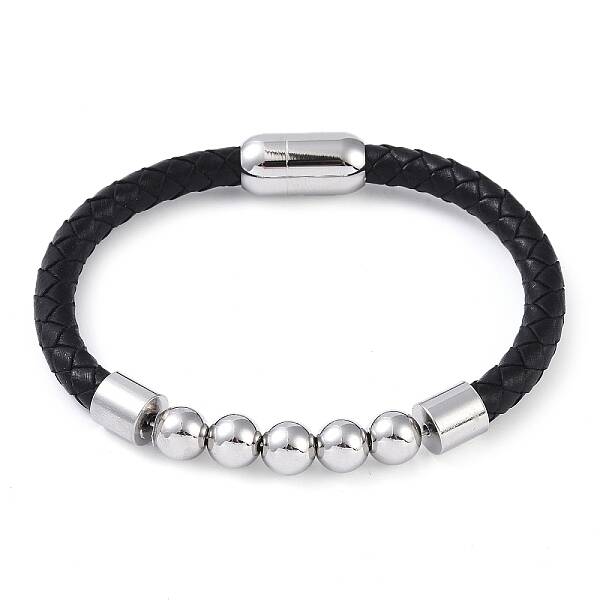 304 Stainless Steel Round Beads Leather Cord Bracelets