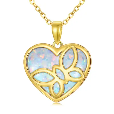14K Gold Opal Butterfly & Heart Pendant Necklace