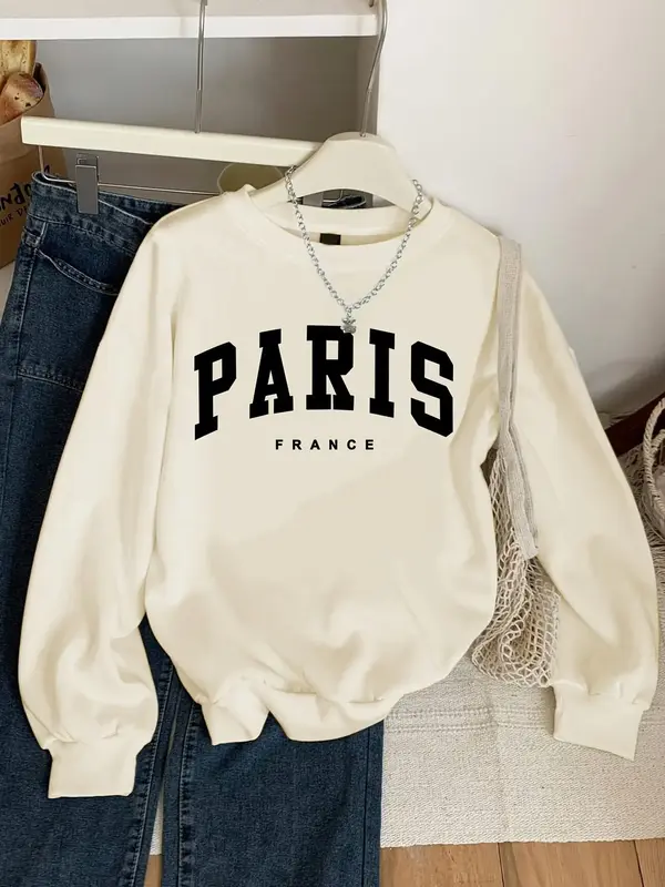 Girl's Letter Print Crew Neck Sweatshirt, Casual Long Sleeve Pullover for Fall & Winter, Kids Clothes for Daily Wear, Tops