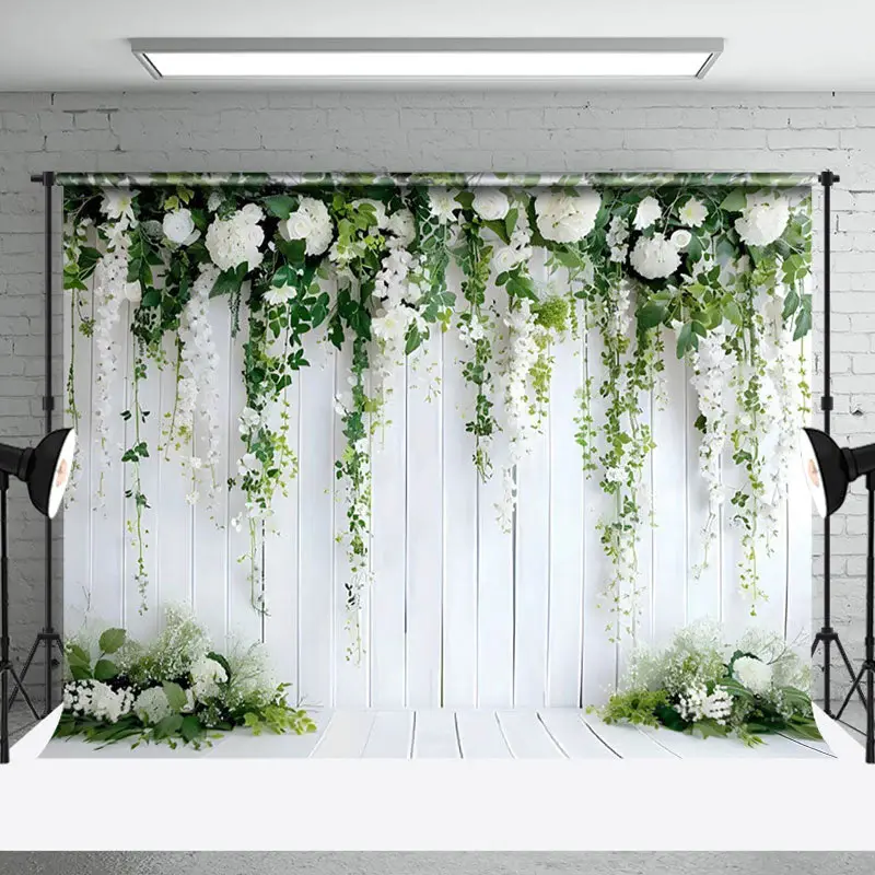 Aperturee White Flower Green Plant Decorative Wall Backdrop