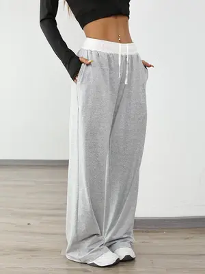 Women's Colorblock Drawstring Waist Sports Jogger Pants, Sporty Pocket Design Wide Leg Trousers for Daily Wear, Ladies Sports...