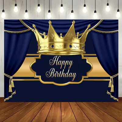 Aperturee Gold Crown Navy Blue Birthday Party Backdrop