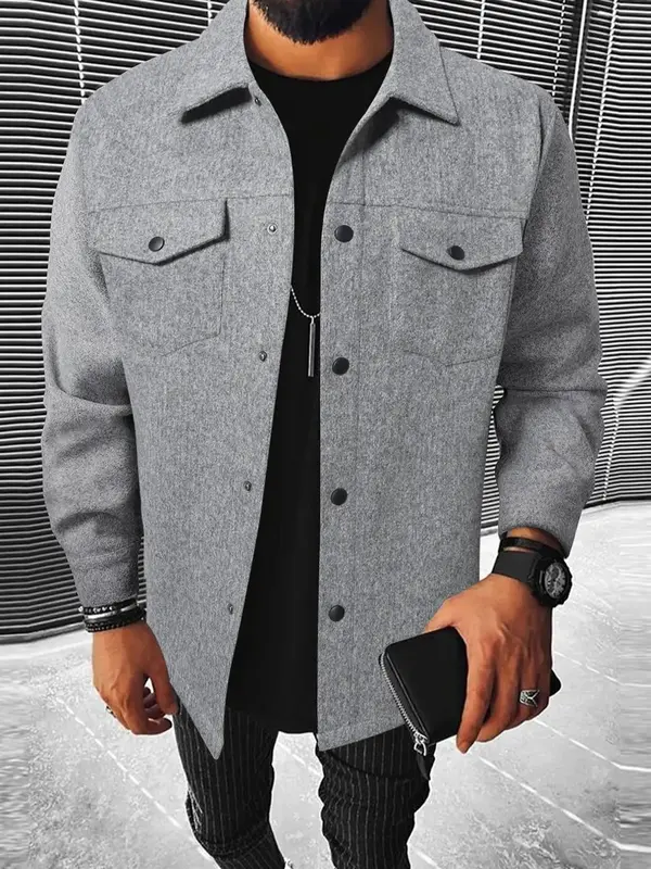 Men's Solid Button Front Pocket Jacket, Regular Fit Casual Collared Long Sleeve Outerwear, Men's Clothes for Daily Wear