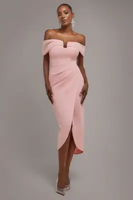 Goddiva Off The Shoulder Chiffon Wing Scuba Crepe Midi Dress - Blush Pink