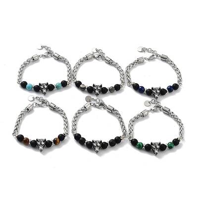 Wolf Natural & Synthetic Mixed Gemstone Beaded Bracelets with 201 Stainless Steel Lobster Claw Clasps