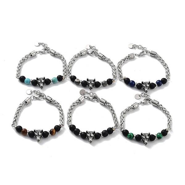 Wolf Natural & Synthetic Mixed Gemstone Beaded Bracelets with 201 Stainless Steel Lobster Claw Clasps