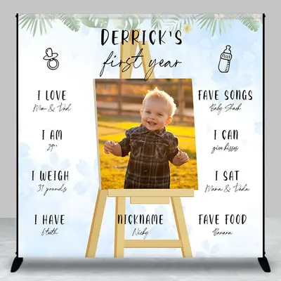 Blue White Floral Leaf Custom 1st Birthday Backdrop - Aperturee