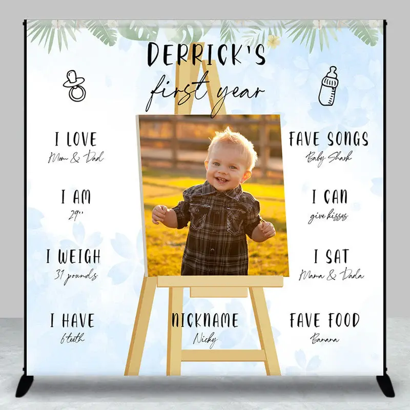Blue White Floral Leaf Custom 1st Birthday Backdrop - Aperturee
