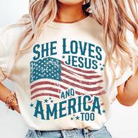 She Loves Jesus T-shirt, Vintage USA flag with bold faith quote, For proud Christian women, Classic American spirit style, 4t...